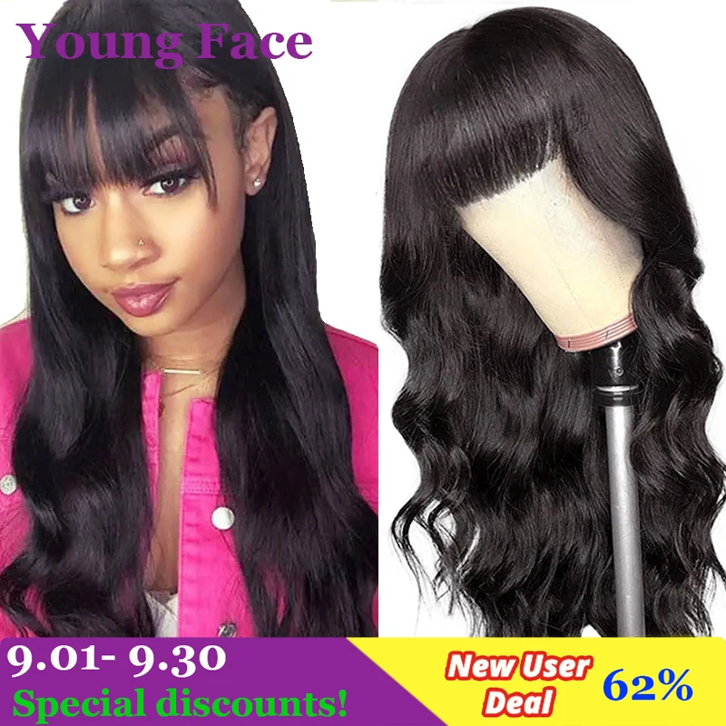 

Body Wave Glueless Human Hair Wigs With Bangs Brazilian Hair Wig With Bangs For Women Remy Full Machine Made Human Wigs