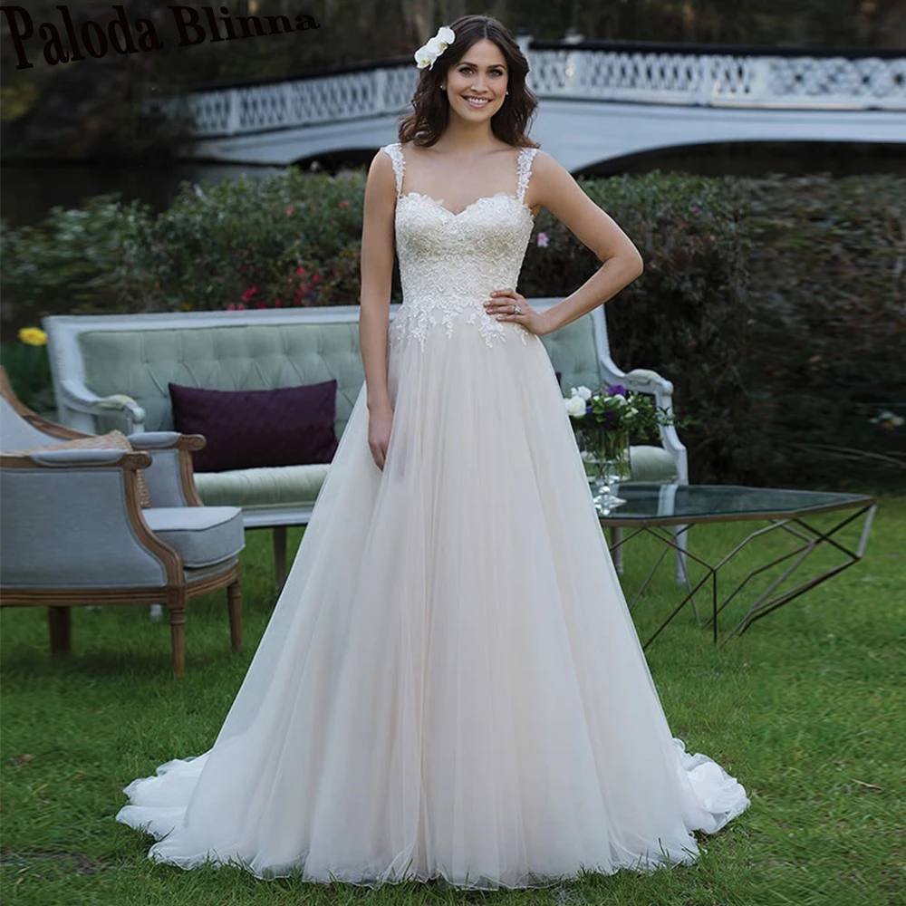 

Paloda Classic Strapless Tulle Wedding Dresses For Bride Appliques Tank Button A-LINE Court Train Backless Sleeveless Pleat