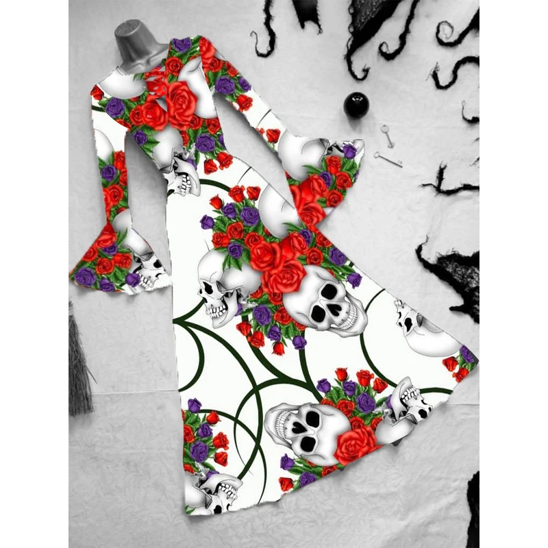 

Day of the Dead Skull Pattern V-Neck Long Women's Dress