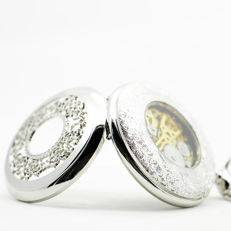 Silver/Bronze Charm Vintage Mechanical Pocket Watch Skeleton Hollow Engraving Hand Wind Fob Watch Chain Gift Clock