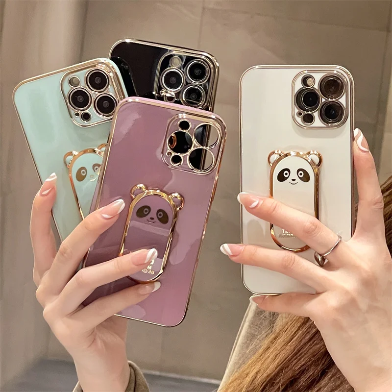 

Cartoon panda stand phone holder case for iphone 13 11 12 Pro Max 12Mini x xr xs 7 8Plus electroplated silicone back cover