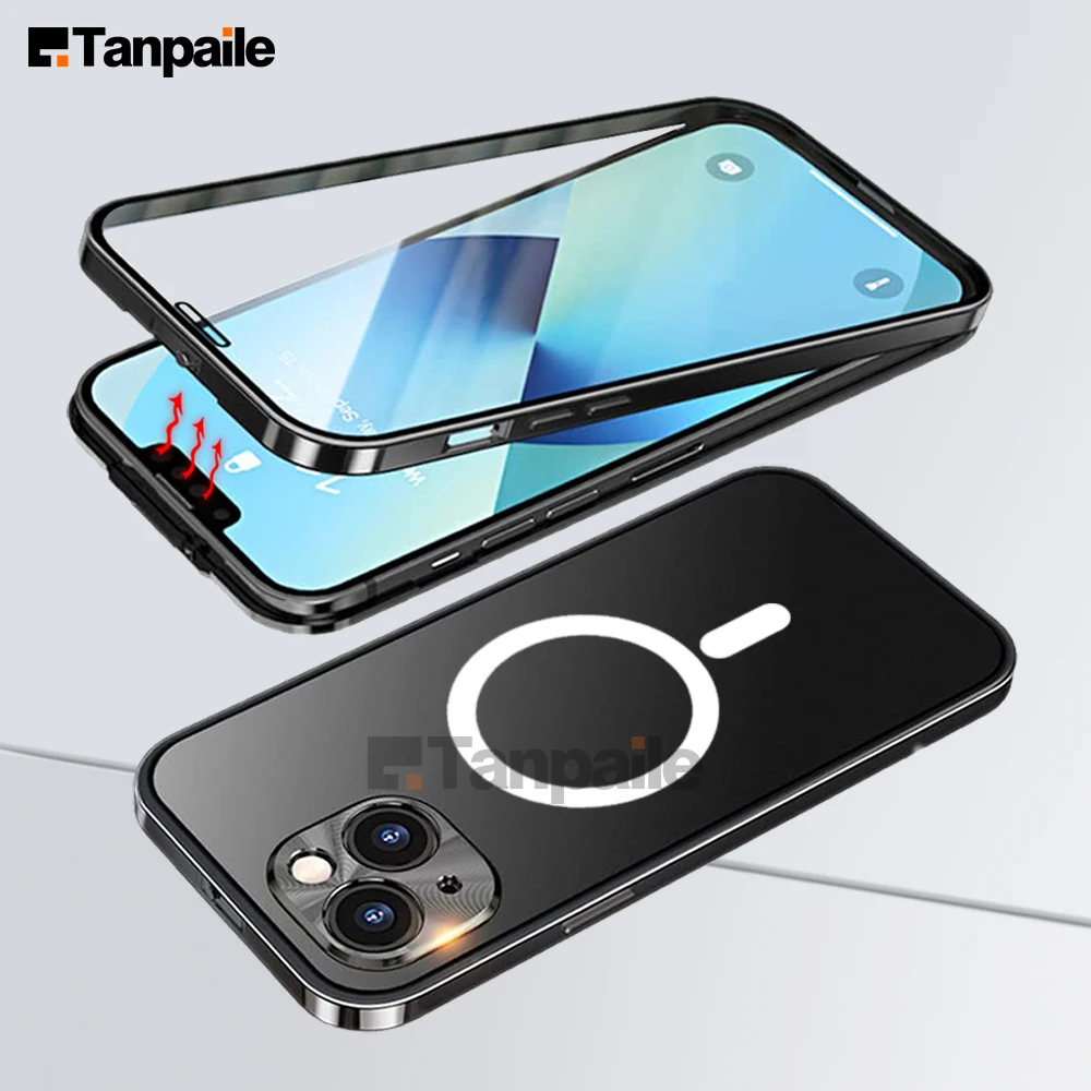 

Ultra-thin Lockable Magnetic Magsafe Case for iPhone 14 13 12 Plus Pro Max Frosted Tempered Glass, Elastic Buckle Metal Bumper