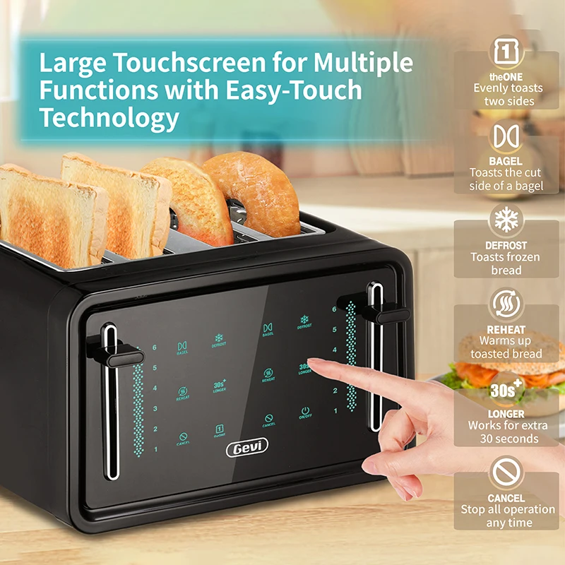 Gevi Toastert 4 Slice with Led Display Touchscreen Dual Control Panels of Bagel/Reheat Function 6 Shade Setting GETAE402-U Black enlarge