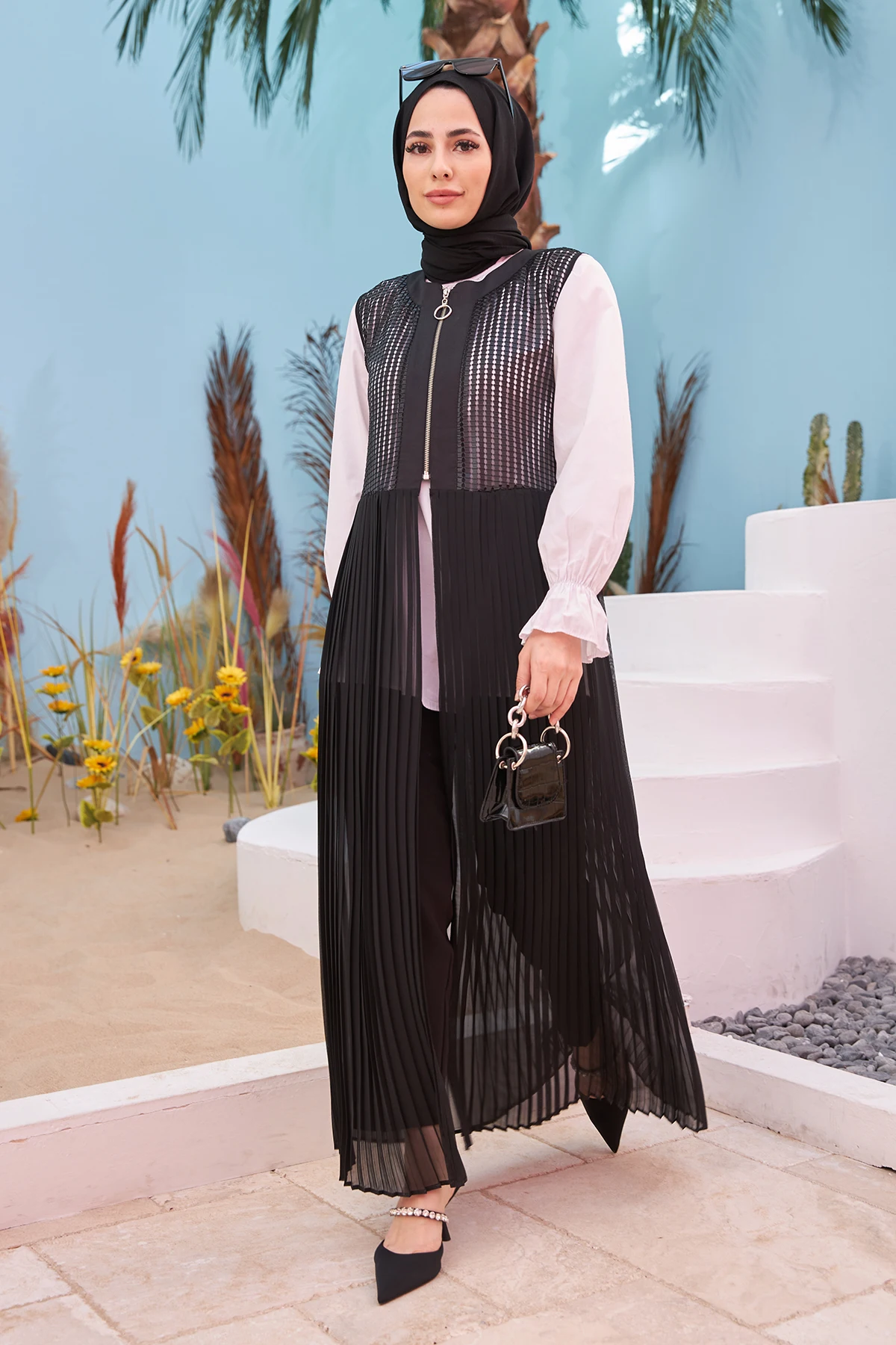 

Women's vest hijab fashion fishnet detaylı piliseli and zipper elegant long hijab vest women clothing long vest Muslim fashion