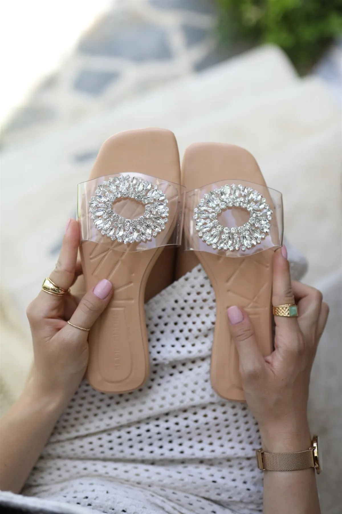 2022 Women's Rhinestones transparent Flat Summer Embellished Squared Toe Flats Lady Fashion Outdoor Slippers Luxury Flat Shoes
