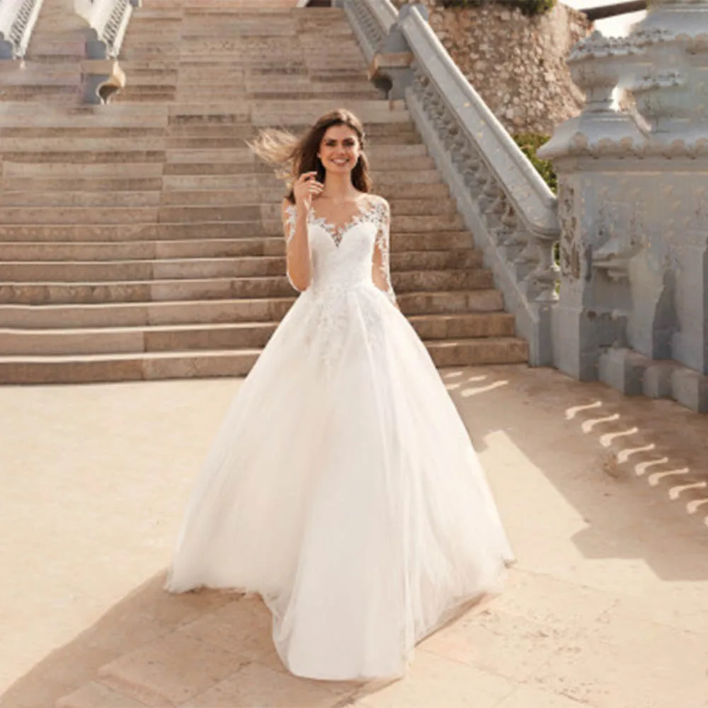 

Simple and Generous Lace Applique Beaded Tulle Perspective Backless Design Wedding Dress Factory Customized Vestidos De Novia