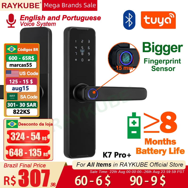 RAYKUBE Biometric Fingerprint Door Lock K7 Pro+ Black Smart Lock Tuya App Remote Unlocking Keyless Lock Electronic Door Lock