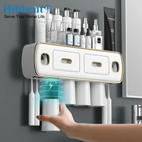 hibbent wall mounted toothbrush rack dual toothpaste squeezer with mouthwash cup toothbrush holder set bathroom accessories set