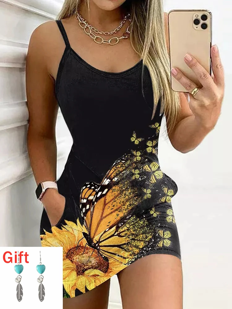

Summer Sexy Dresses For Women Sunflower Butterfly Pocket Spaghetti Strap Mini Dress V-Neck Beach Vestidos Gift Pair Of Earrings