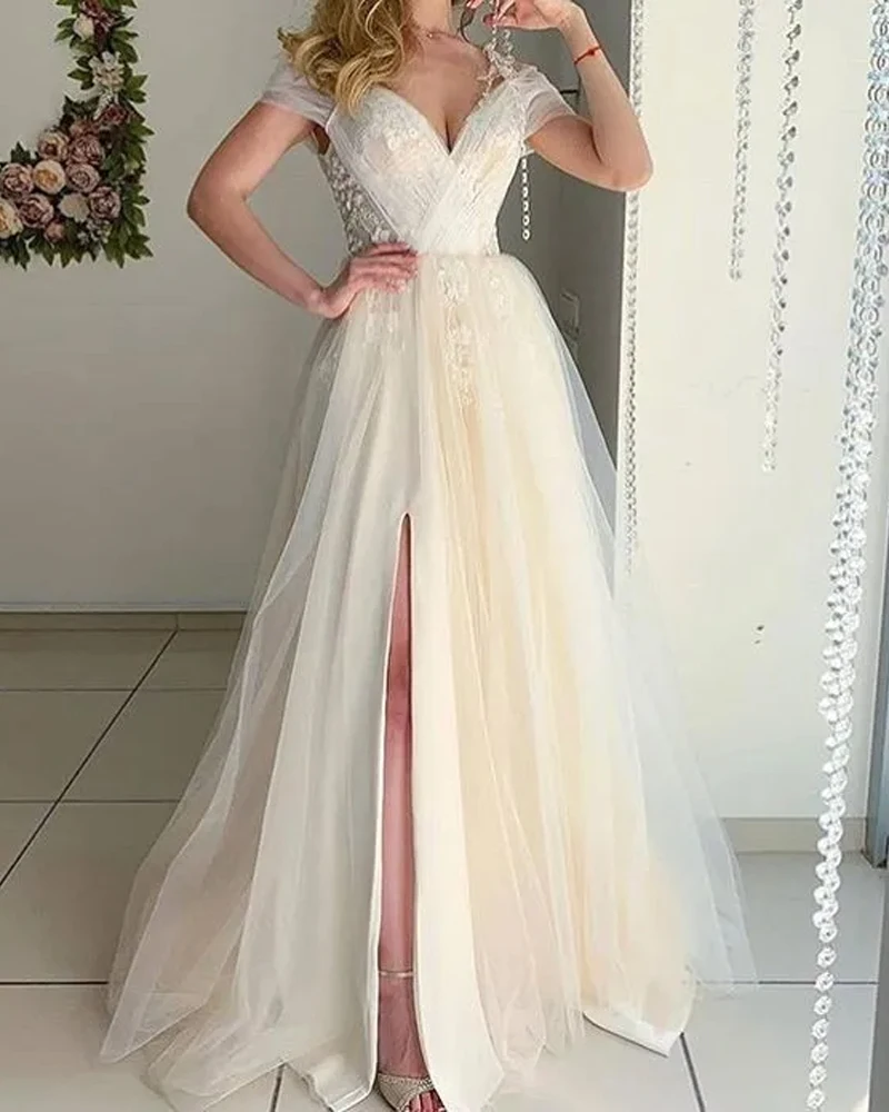 

Champagne Wedding Dress Long Sleeves Off the Shoulder Classic Business Gowns Lace Appliqued Side Split Cocktail Evening Dresses