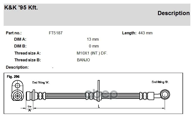 Шланг Тормозной K&K 01464-S10-010/ Bh-H282/ Bh-472/ 852643/ Sh62527/ M10x1 L=443mm A=13mm Banjo/ 1987476973 K&K арт. FT5187