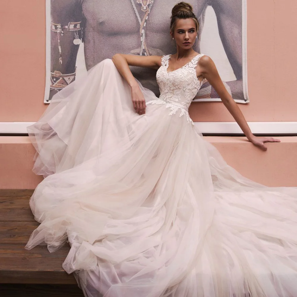 

Chic Lace Applique Tulle Wedding Dress Sleeveless A-Line with Belt and Buttons Bridal Sexy Open Back Sweep Train Formal Gowns