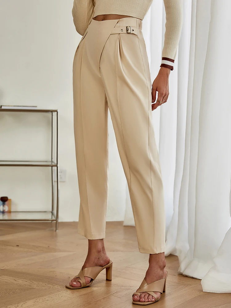 

BerryGo 2022 Autumn Cross-Pants Women Elegant High Waist Pocket Wide Leg Office Trousers Fashion Adjustable Clasp Khaki Bottoms