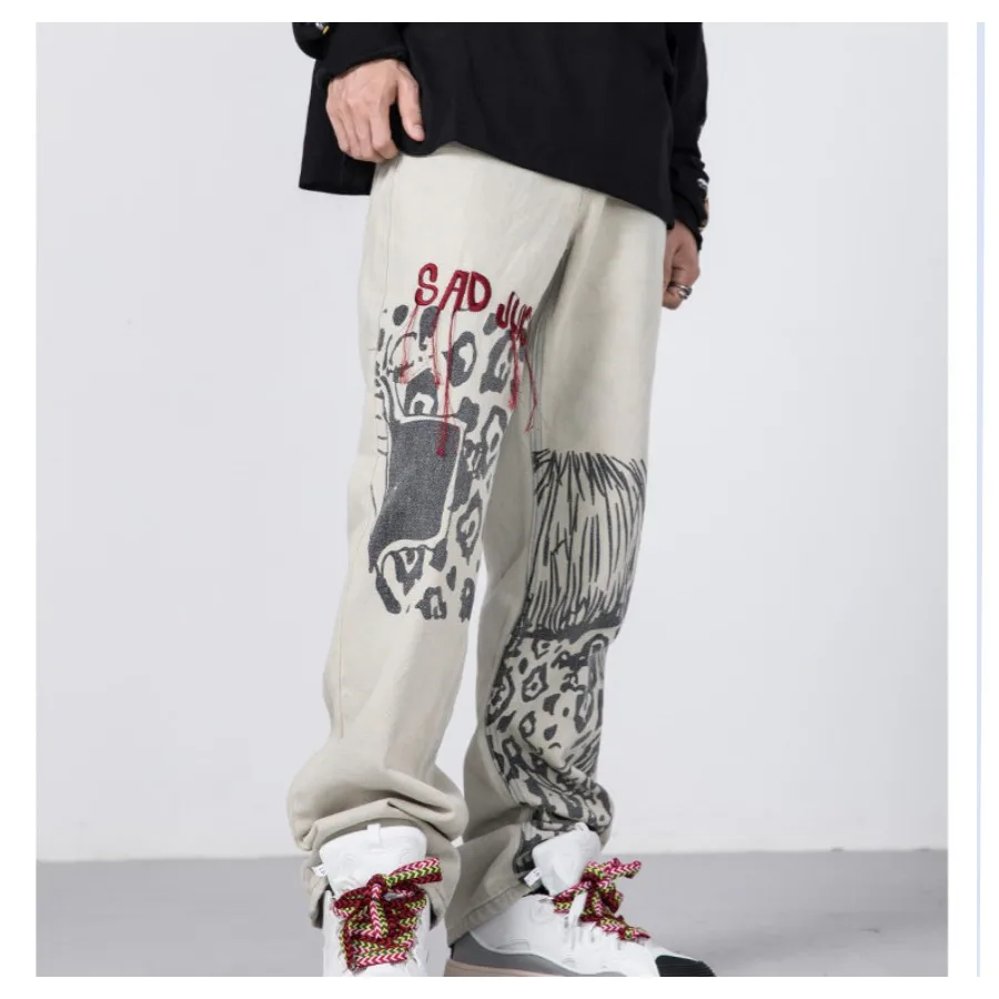 Leopard Jeans Streetwear Embroidery Harajuku Pants Kpop Clothes Men's Baggy Fashion Trendyol Trousers Denim Hip Hop Vintage
