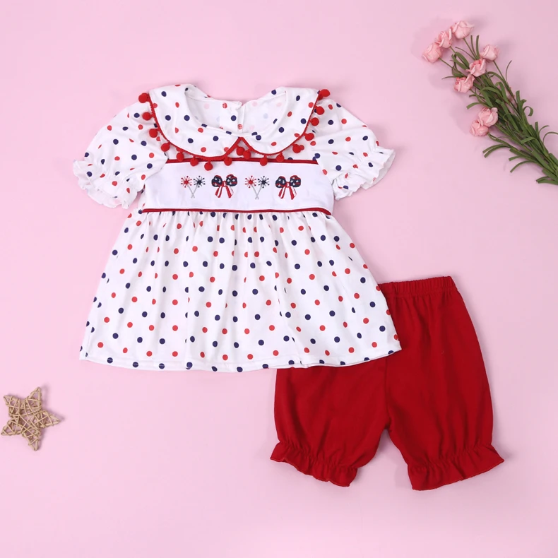 

Baby Girl Clothes Set 2pcs Cotton Suit Independence Embroidery Bodysuit T-shirt Stops Outfits Red Shorts 1-8T Toddler Girls