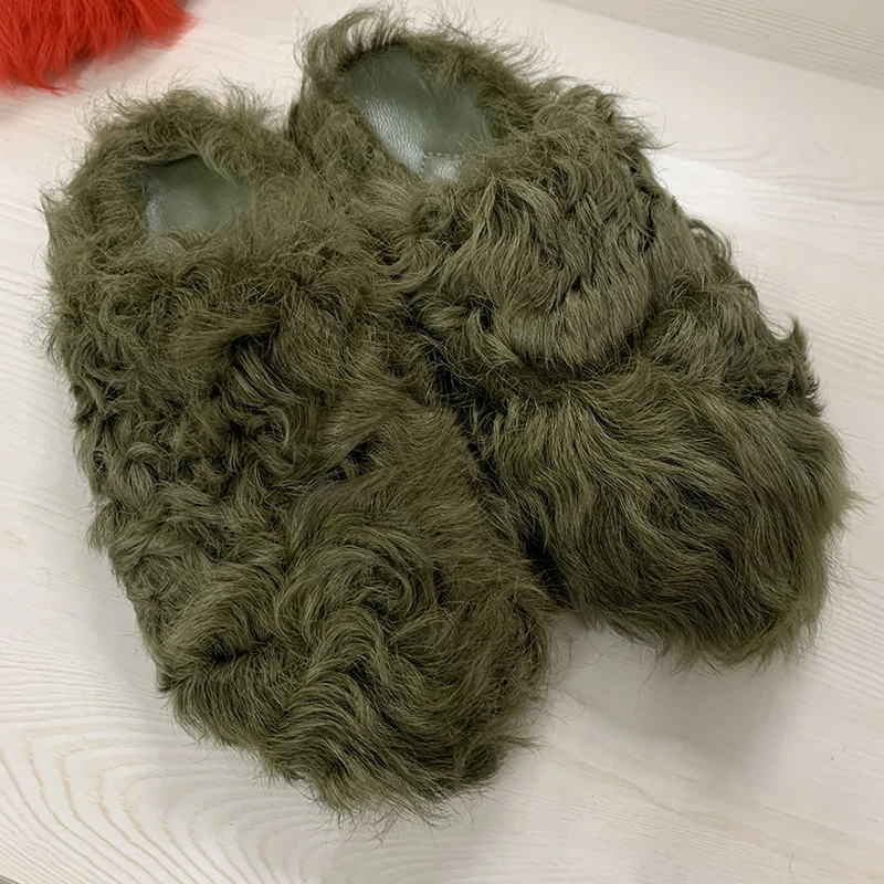 2023 Women Lamb Fur Slides Shoes Chunky Real Long Hair Sheep Lamb Fur Slippers Sheep Fur Slides Customized Color S3484