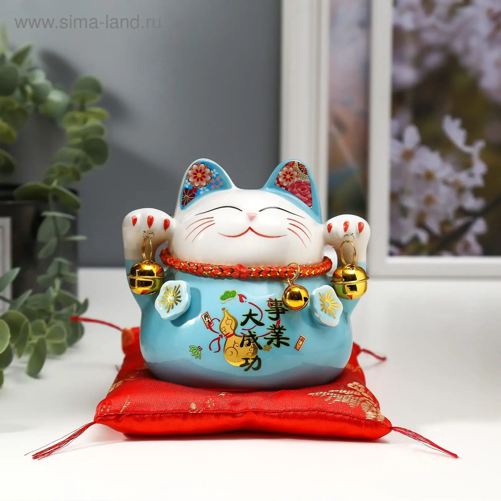 Сувенир керамика копилка Голубой кот Манэки-нэко с колокольчиками 11 5х11 5х9 5 см