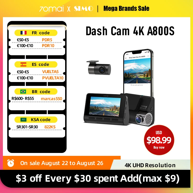 70mai A800S 4K Dash Cam 3840X2160 Resolution 24H Parking Surveillance 4K Camera Support GPS ADAS Rear Camera Dual Vision 140°FOV