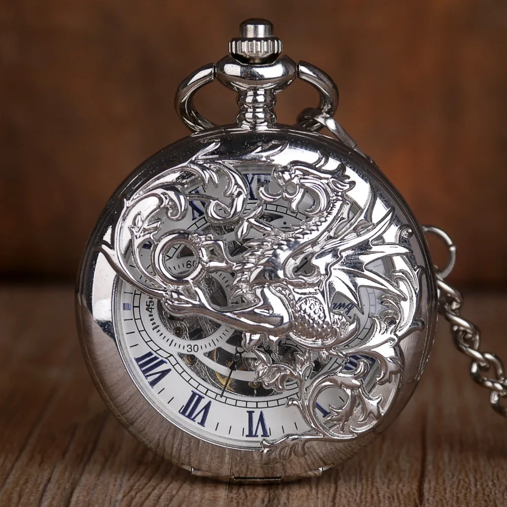 New Arrival Artistic Carved Animal Hollow Mechanical Double Open Pocket Watches For Men Women Necklace Pendant with Chain Gifts