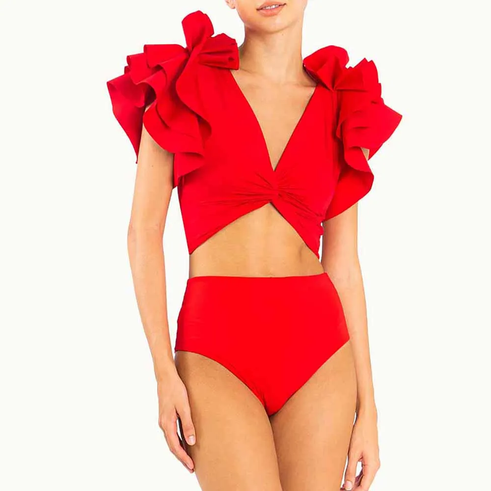 Solid Ruffle V-Neck Bikini Slim Fit Sexy Swimsuit Two-Piece Cross Straps Beachwear High Waist And Belly Plus Size 2022