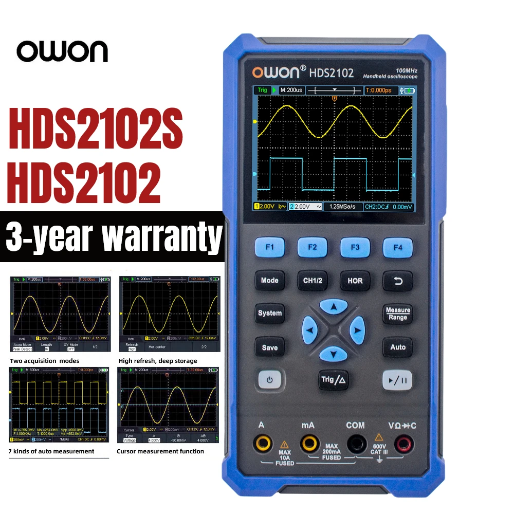 OWON HDS2102 HDS2102S 2CH Handheld Oscilloscope 100MHz Bandwidth 20000 Counts Multiumeter OSC + DMM + Waveform Generator