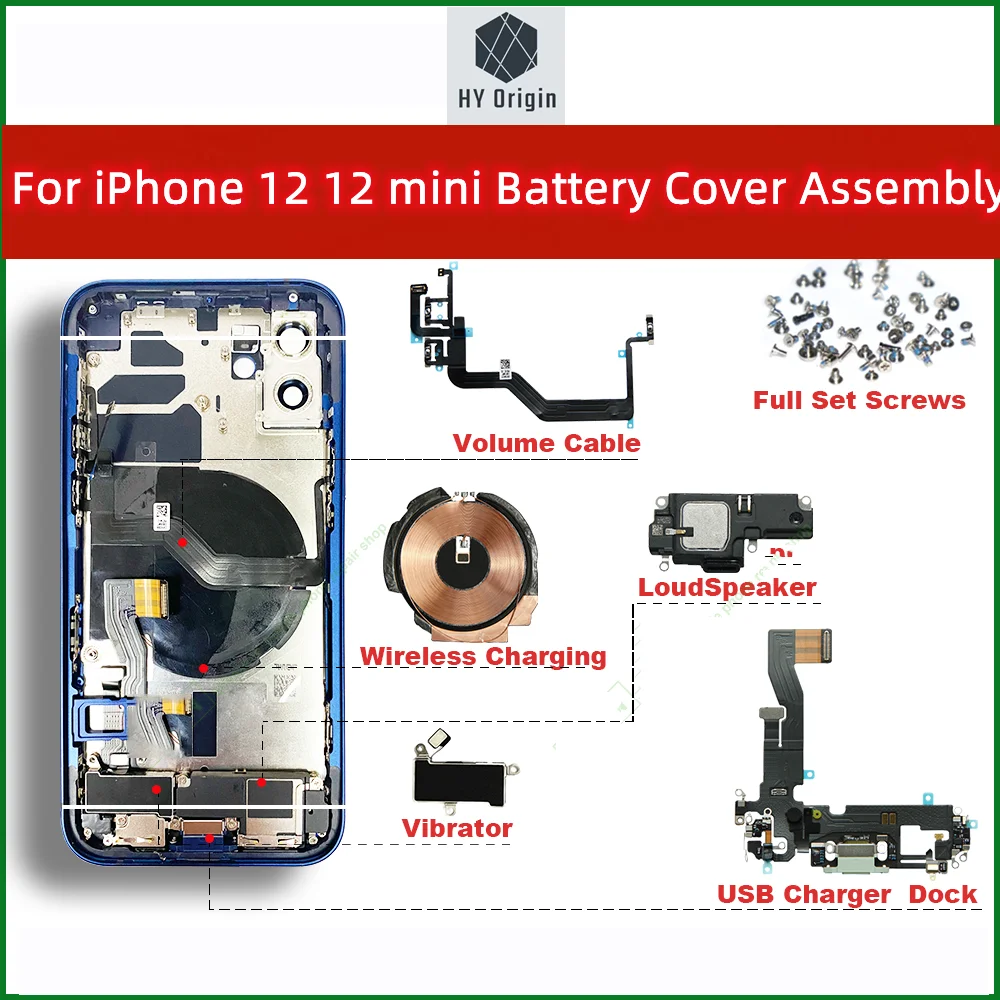 For iPhone 12 12mini battery back cover, mid case, SIM card tray, side key assembly, soft case cable installation + tool enlarge