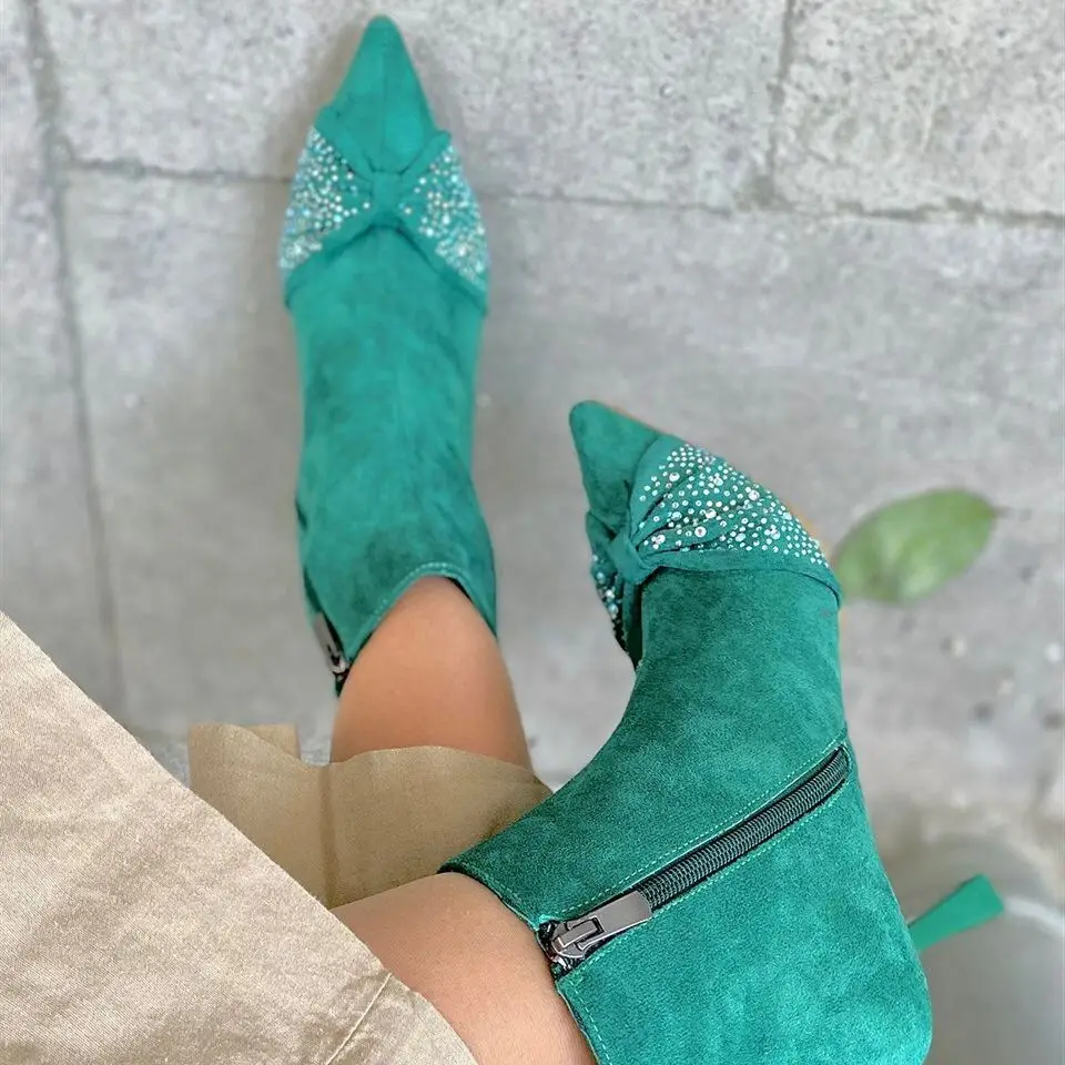 Closed Pointy Toe Stiletto High Heels Suede Ankle Boots Stone Embroidered Sexy Ladies Zip V Shape Booties 2022 Winter Autumn