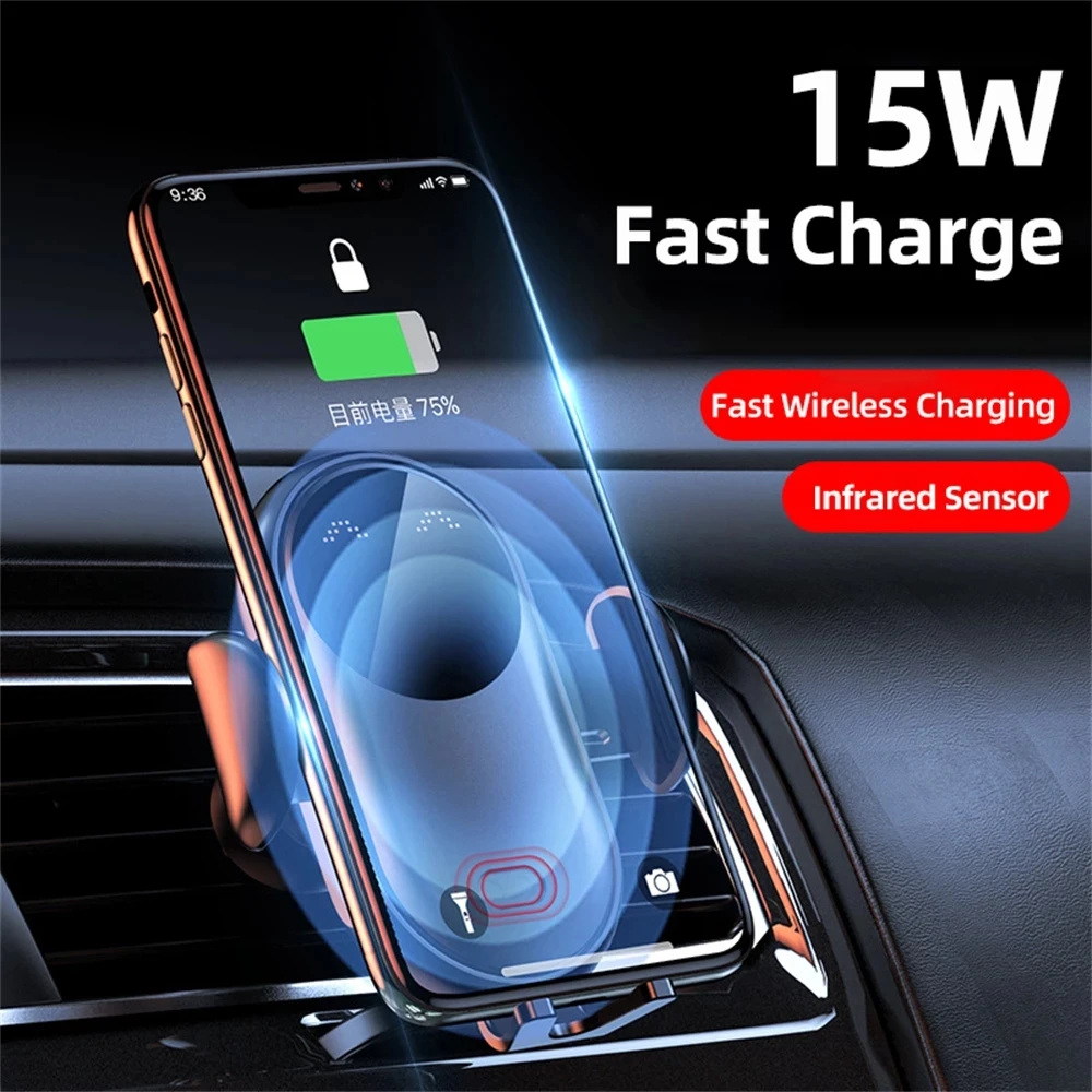

Wireless Fast Charger Car Air Vent Mount Infrared Sensor Automatic Clamping Wireless Charger Phone Holder For Car