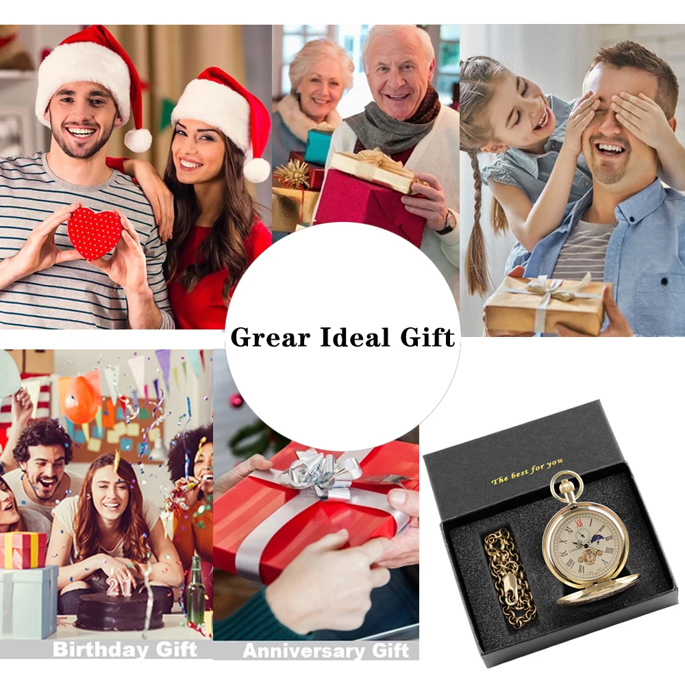 Classic Roman Numeral Cover Pocket Watch Mechanical with Box Luxury Gold Hand Wind Fob Watch Necklace Chain Clock Gift Box Set