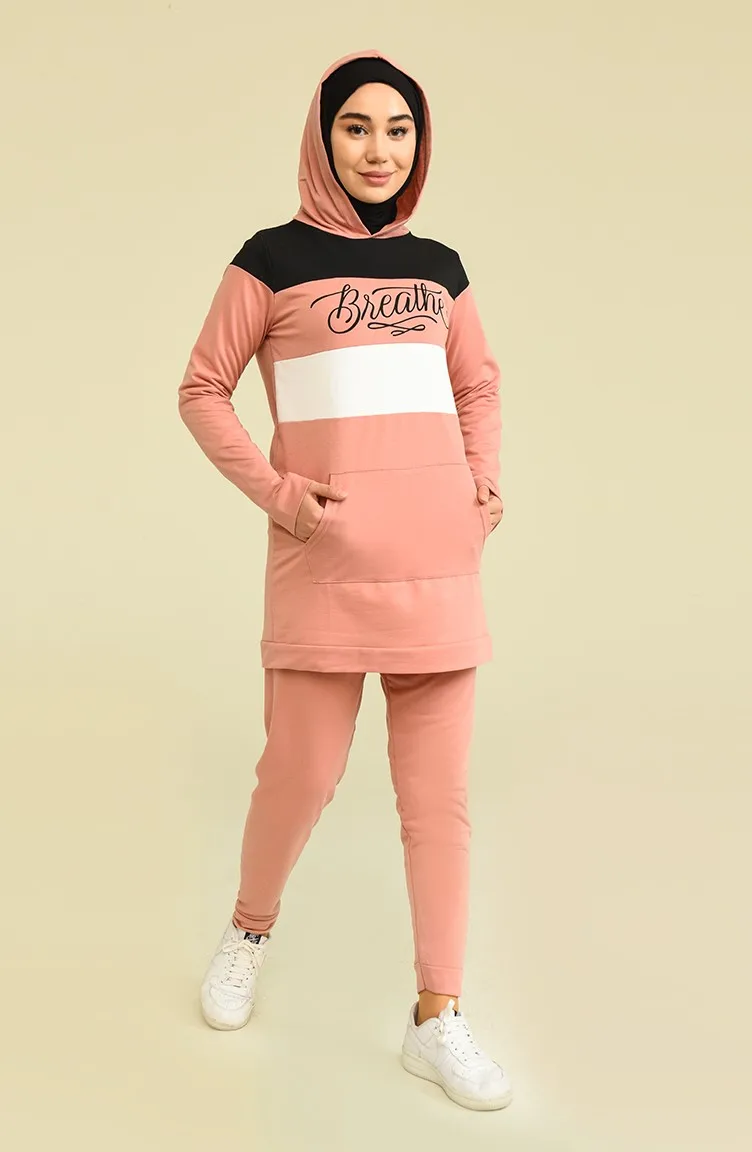 

Sports Double Hooded Tracksuit Suit Hijab Dress Women Islamic Clothing Two Piece Colorful Muslim With Pocket Dubai Turkey Free S