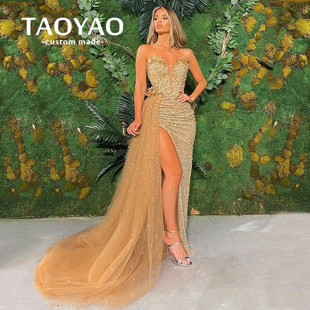 

New Luxury Gold Champagne Shiny Prom Dresses Sweetheart Beading High Side Slit Evening Gown Backless Party Dress Robe De Soirée