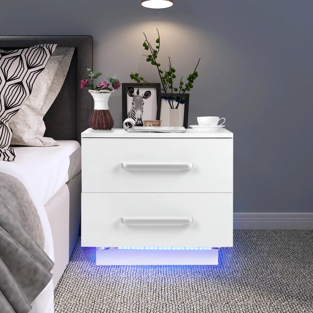 

Modern Stylish 2 Drawers Bedside Cabinet with LED Blue Light High Gloss Front Panel for BedroomUS Plug 110V