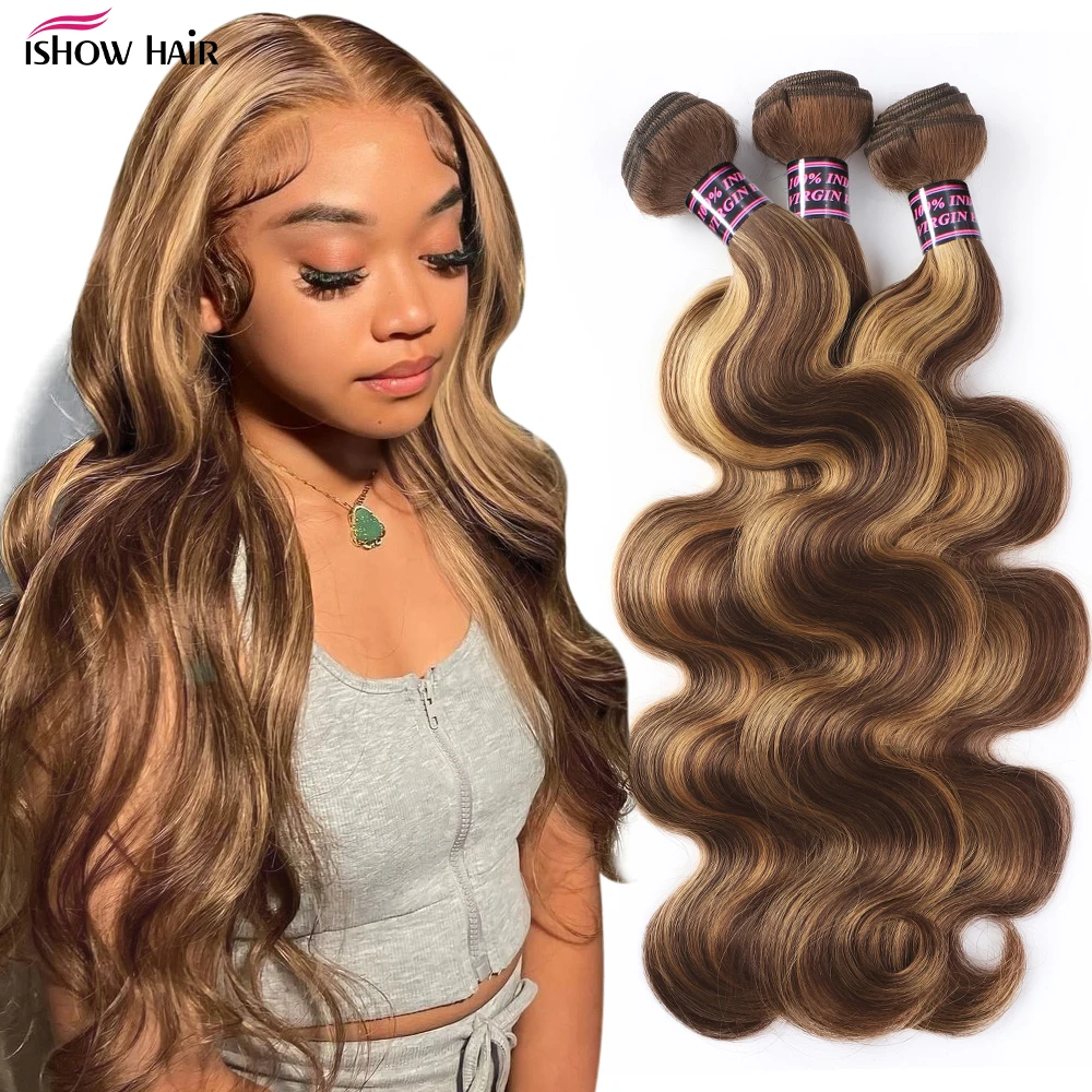 

Ishow Brazilian Ombre Hair Bundles Body Wave Human Hair Bundles P4/27 Brown with Highlight Color Remy Hair Weave Bundle Sew In