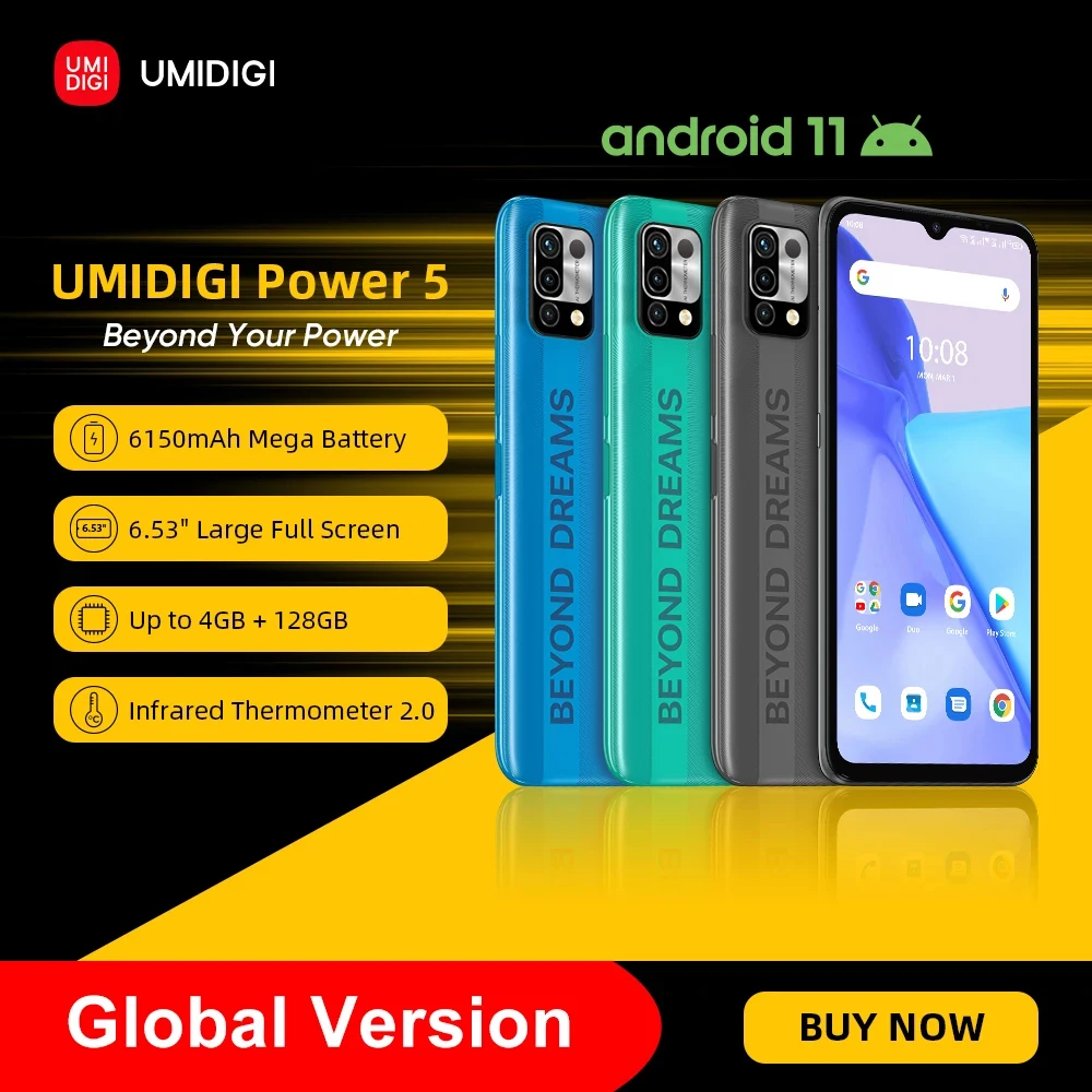 In Stock UMIDIGI Power 5 Android 11 Smartphone 128GB Helio G25 16MP Triple Camera 6150mAh 6.53'' Display Global Version Cellular