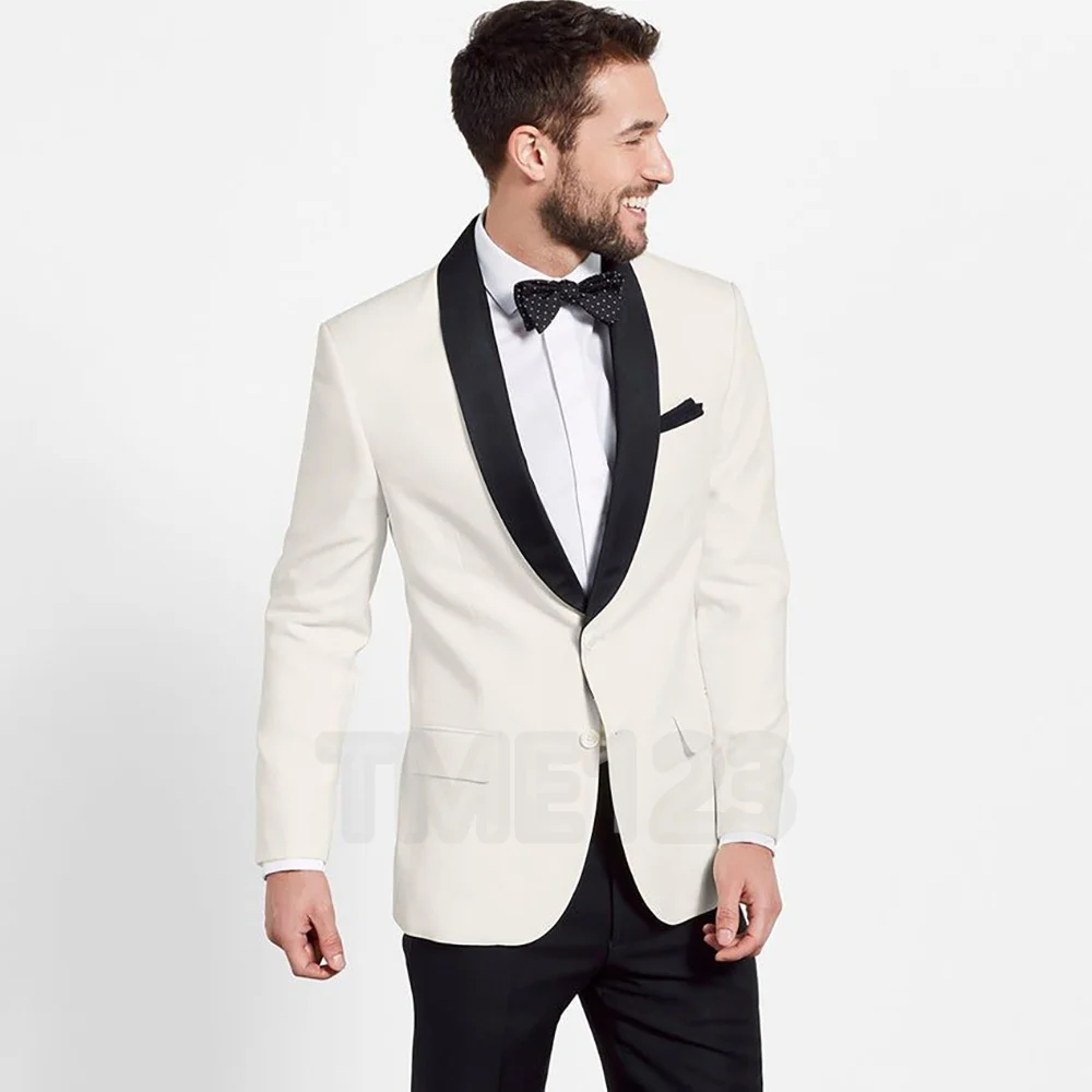 Black Lapel White Jacket Men Autumn Wedding Party 2 Pieces Set Male Blazer Coat Pants and Vest Fashion Slim Fit Suit