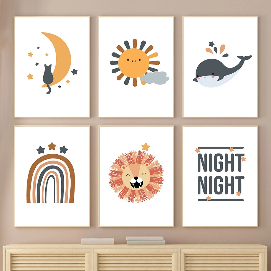 

Cartoon Sun Moon Rainbow Clouds Whale Lion Cute Animals Art Canvas Painting Nordic Posters Prints Wall Pictures Kids Room Decor