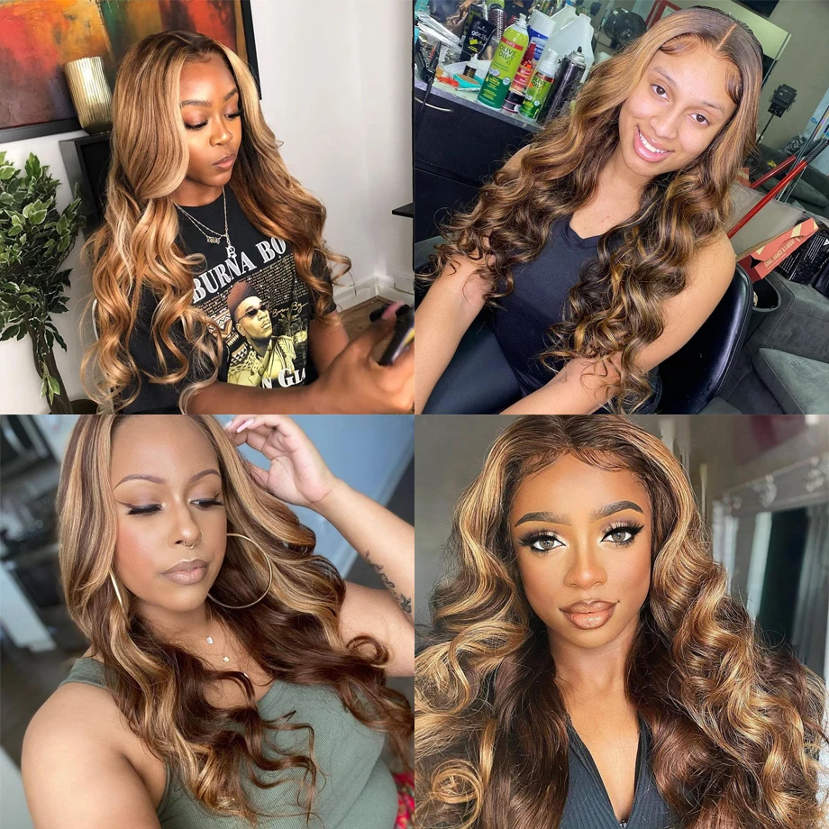 Body Wave 360 HD Highlight 13x4 Lace Front Wig Human Hair Ombre Loose Pre Plucked Glueless Frontal Wigs Brazilian Virgin Closure