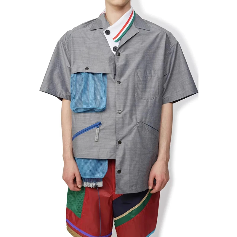 

KOLOR 23SS Junichi Abe Short Sleeve Shirt Japanese Two Color Irregular Lapel Mesh Colorblocking Top