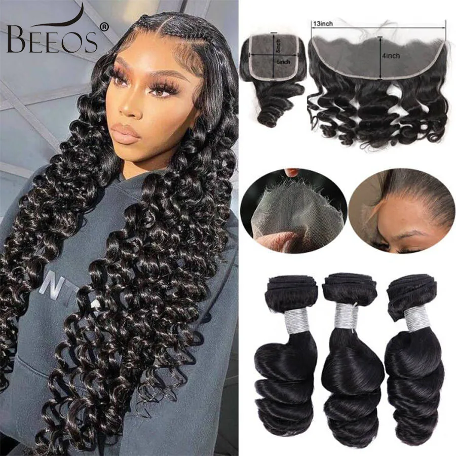 BEEOS Loose Wave 13x6 HD Lace Frontal With Bundles Melt Skin HD Transparent Lace 3 Bundles With Closure Human Hair Extension