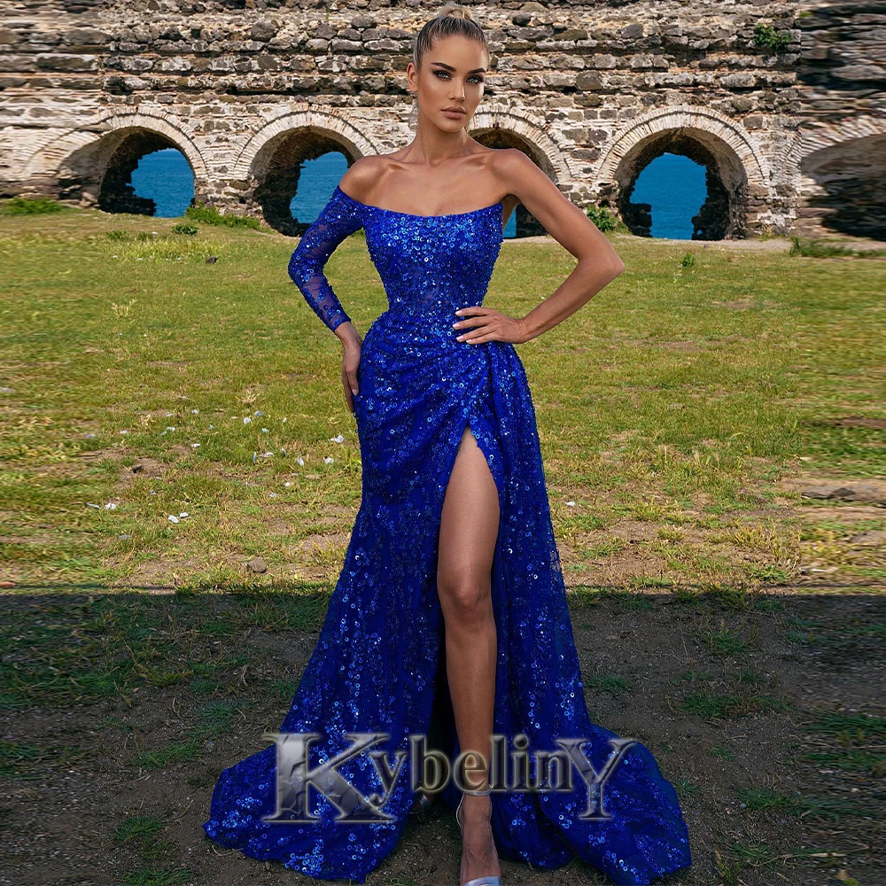

Kybeliny Sparkly Royal Blue Prom Dresses Sequins Scoop High Slit For Women Party Evening Gowns Vestido De Fiesta Made To Order