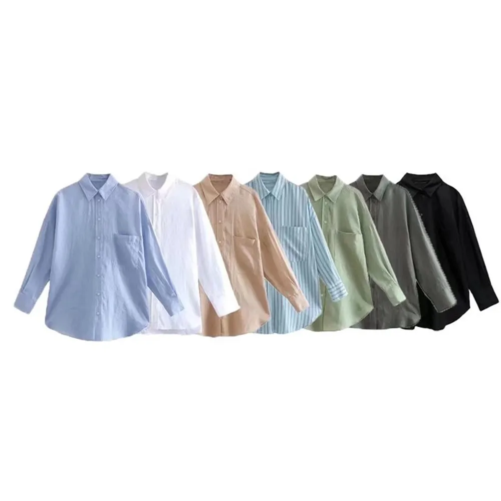 PB&ZASpring 2022 Women's Versatile Long Sleeve Lapel Front Patch Pockets Side Slit Hem Buttoned Closure Linen Shirt