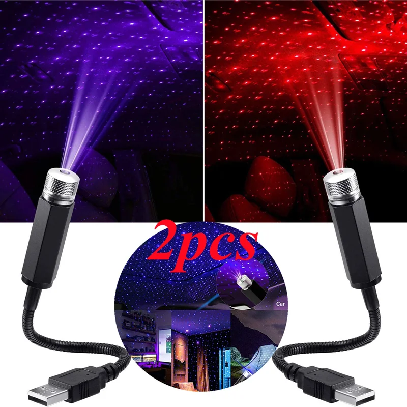 2X Romantic LED Starry Sky Night Light 5V USB Powered Galaxy Star Projector Lamp for Car Roof Room Ceiling Decor Plug and Play