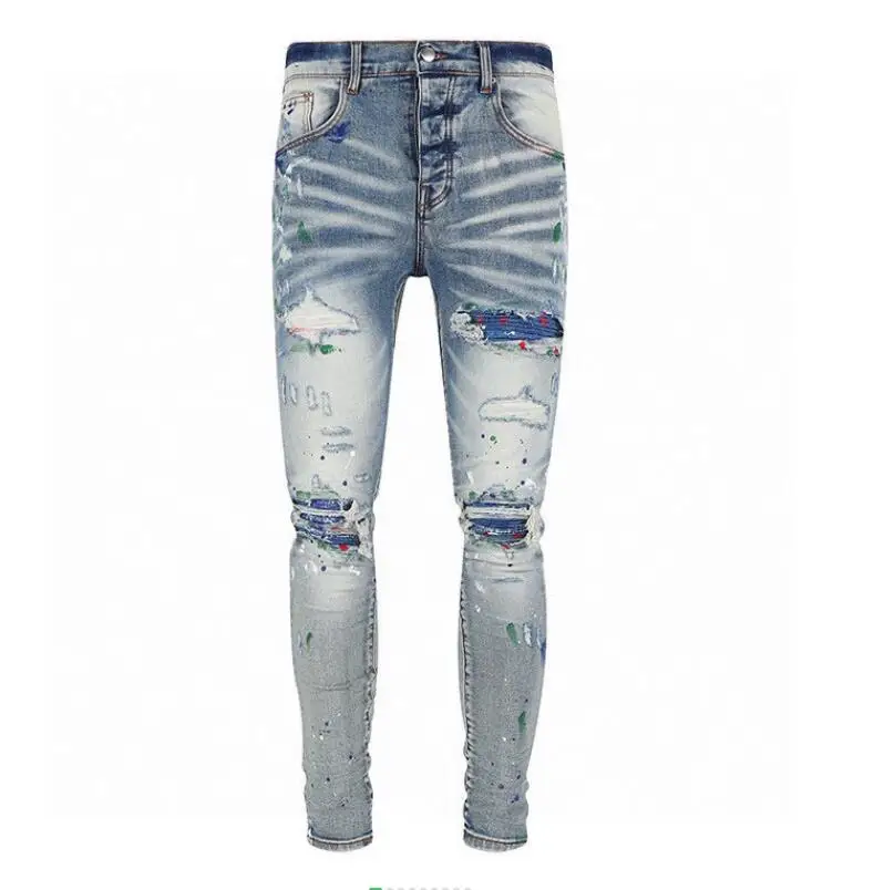 

Paint Splatter denim luxury brand Mens Bandana-Patch Distressed Skinny Jeans Distressing Ripped Destroyed Denim moto biker pants