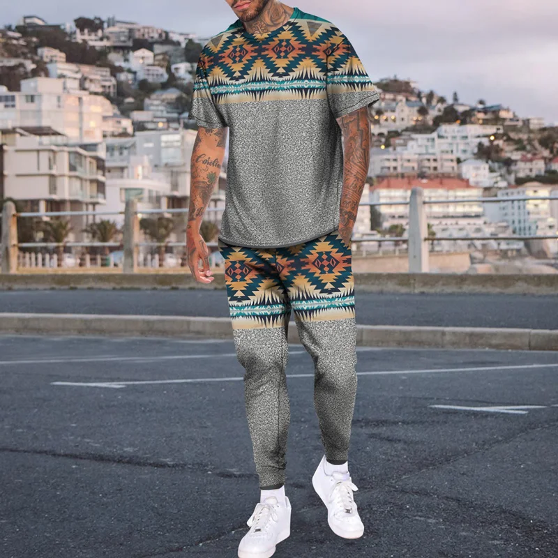 

Men's 3d Simple Pattern Casual 3d Digital Printing Sports Style Loose Large Size Short Sleeve T-shirt Trousers Set