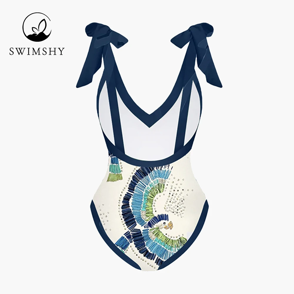 2022 Deep-v One Piece Swimsuit Set Vintage Chic Print Bikinis Women's Bathing Suit Beach Outfits Slim Swimwear Backless Holidays