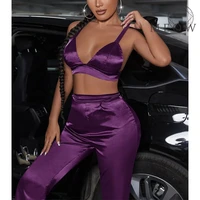 free custom plus size two piece sets womens outfits satin sleeveless crop tank top and boot cut pants sexy 2 pieces set