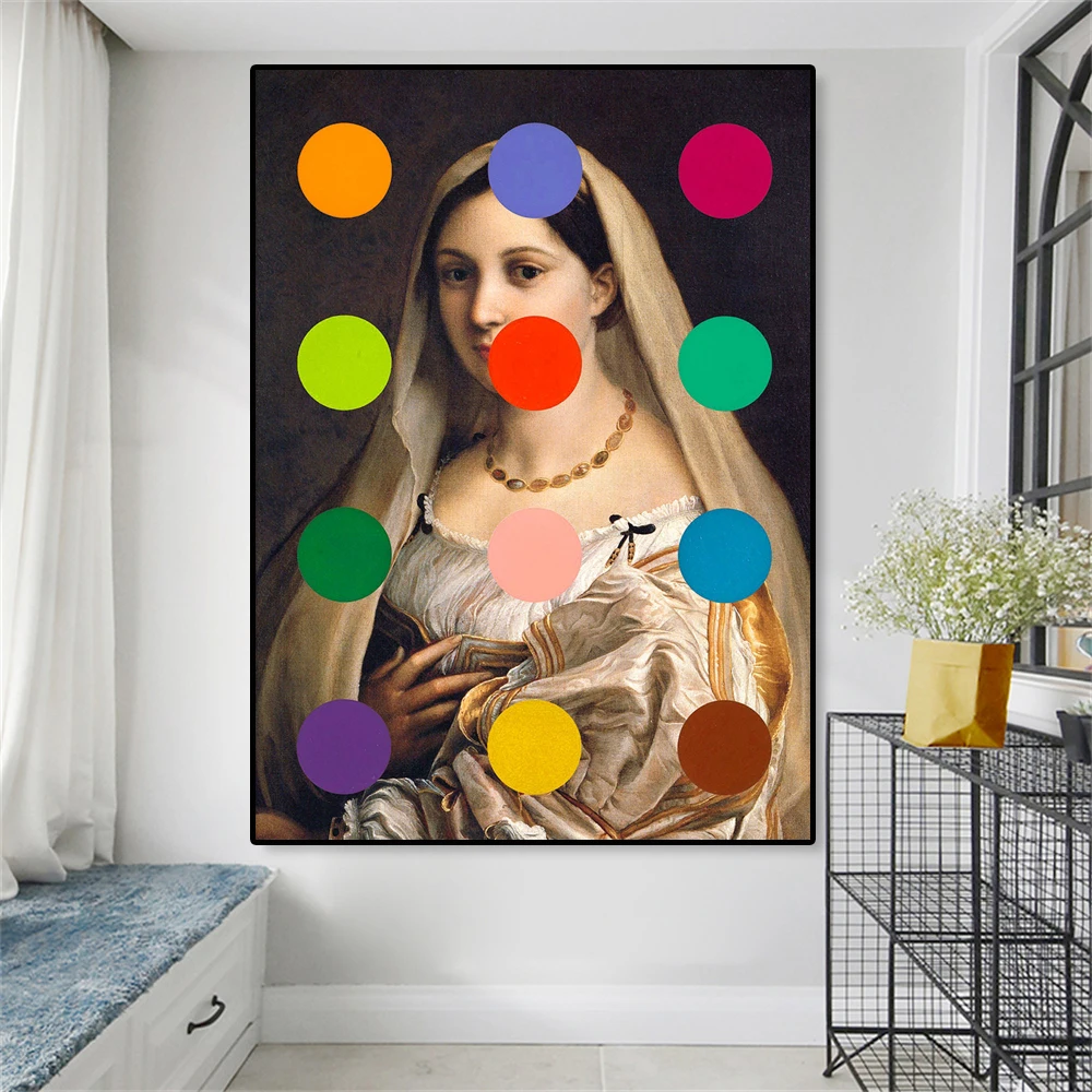 

Vintage Altered Art Print Renaissance Portrait Poster Classic Polka Dot Wall Art Canvas Painting Gallery Home Room Decor