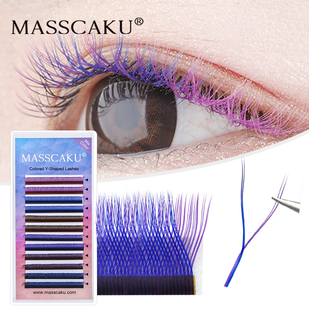 

MASSCAKU Mixed Color Y type Lashes C D Curl 0.07mm Russian Volume YY Shape Eyelash Extension Faux Mink Grafting Eyelashes