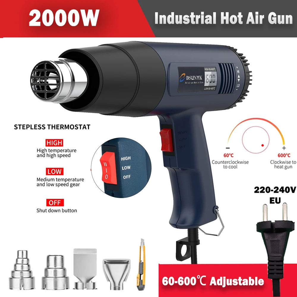 

DSUNYK 2000W Heat Guns Professional Construction Hair Dryer With Display Industrial Heat Gun Thermal Blower Hot Air With Nozzles