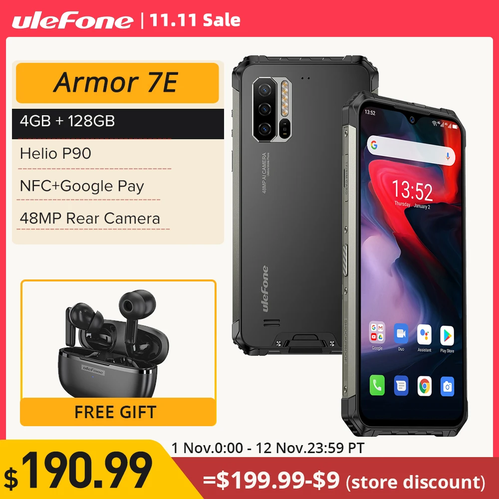 Ceny Osłona Ulefone 7E Wytrzymały Telefon Komórkowy Helio P90 + 128G Smartfon 2.4G/5G WiFi Wodoodporna IP68 Wersja Globalna Android 10 NFC/48MP